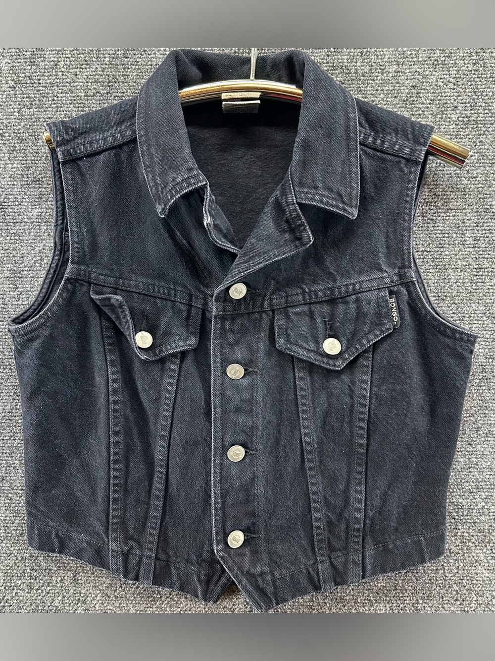 Vintage 90s Bongo Womens Sz M Black Denim Vest By Gene Montesano Grunge Crop Y2K